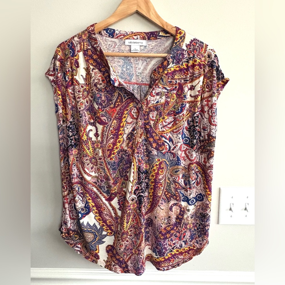 Liz Claiborne flowy Boho button down sleeveless blouse top Size L